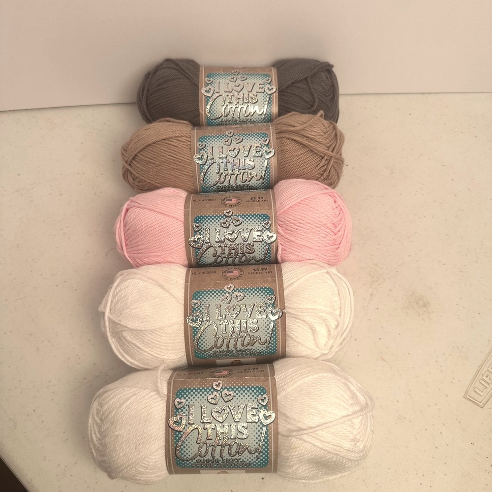 I Love This Cotton Yarn Lot 5 Skeins White Pink Khaki Pewter 100% Cotton 180yd